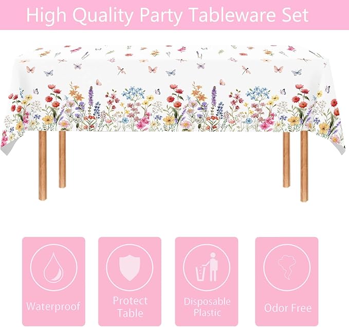 1 Pc Wildflower Tablecloth Spring Summer Floral Table Cover for Butterfly Wildflowers Theme Picnic Dining Holiday Weeding Baby Shower Birthday Tea Party Table Supplies Decorations