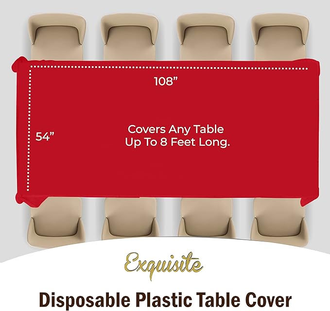 Exquisite 12-Pack Premium Plastic Tablecloth 12-Pack Premium Plastic Tablecloth 54in. x 108in. Rectangle Table Cover - Red
