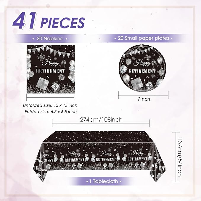41PCS Happy Retirement Party Decorations for Men and Women,Black Silver Happy Retirement Paper Plates Napkins and Tablecloth Disposable Dinnerware for Farewell Going Away Table Decor Party Supplies