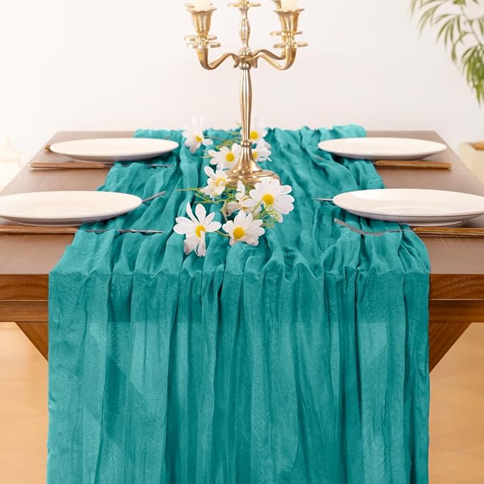 Socomi 10pcs Teal Blue Cheesecloth Table Runner Boho Rustic Gauze 120 inch 10FT Cheese Cloth Runner for Wedding Party Baby Shower Birthday Home Decor Holiday Decorations