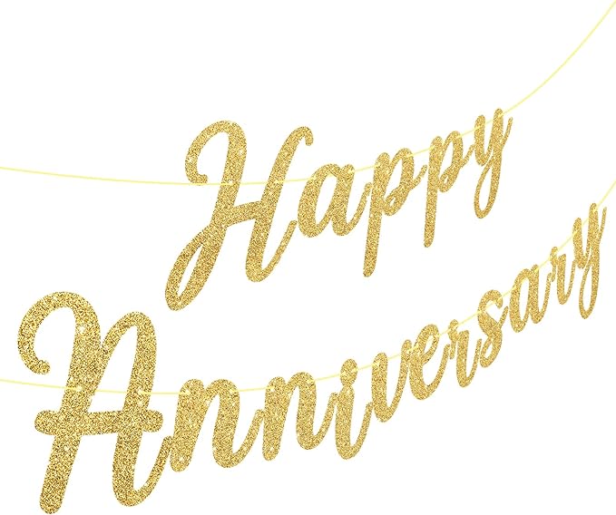 Happy Anniversary Banner Sign Gold Glitter Wedding Bunting Banner Flag Garland for Anniversary Party Decorations Supplies