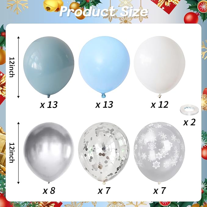 Baby Blue White Winter Wonderland Balloons, 60PCS Dusty Blue and White Metallic Silver Snowflakes Balloons for Ice Snow Wonderland Wedding Birthday Baby Shower Christmas New Year’s Party Decorations