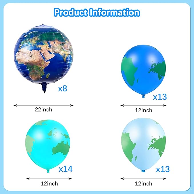 Zhanmai 48 Pieces Globe Earth Balloons, 8 Pcs 22 Inch Foil Planet Balloon, 40 Pcs 12 Inch World Map Latex Balloons for Travel Themed Party Holidays Around The World Decorations Earth Day Supplies
