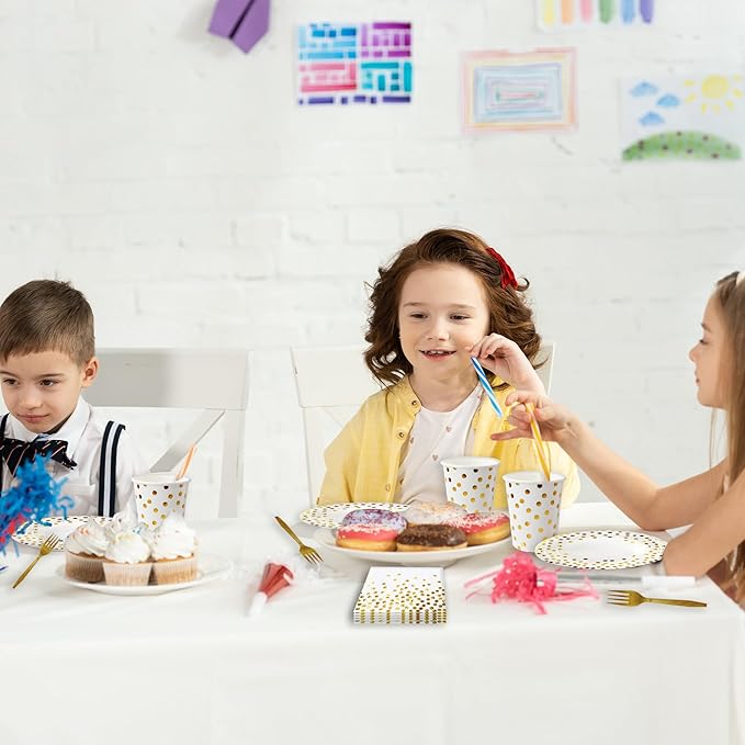 160 Pcs White and Gold Paper Plates, Forks and Cups Party Supplies, Disposable Paper Dessert Cake Plates Tableware Supplies for Birthdays, Graduations, Weddings, Holidays (Serves 40)(7 inches)