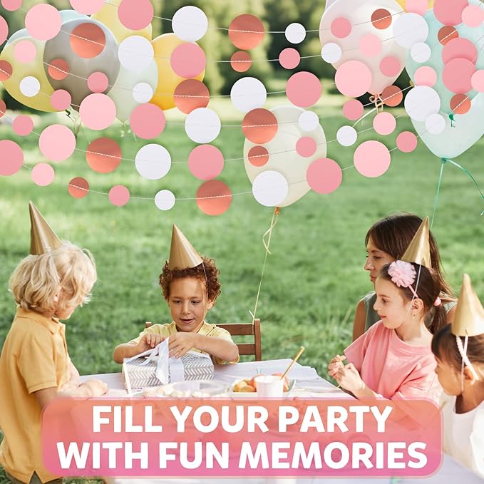 52FT Party Garlands, Paper Garland Circle Dots, Hanging Circle Banner Decorations for Birthday, Party, Wedding, Baby Shower, Graduations, Christmas, Wall Decor (Pink Rose Gold Garlands)