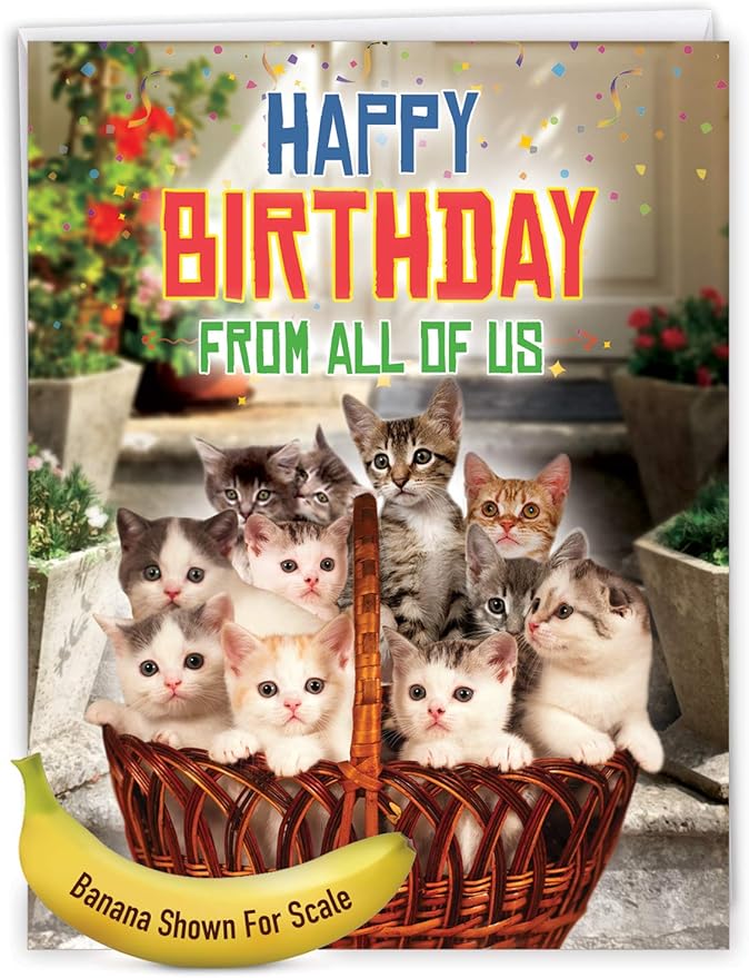 NobleWorks - Hilarious Happy Birthday Card with Envelope (8.5 x 11 Inch) - Funny Animal Greeting Card From All Of Us - From All Us Cats Birthday J5980BDG-US
