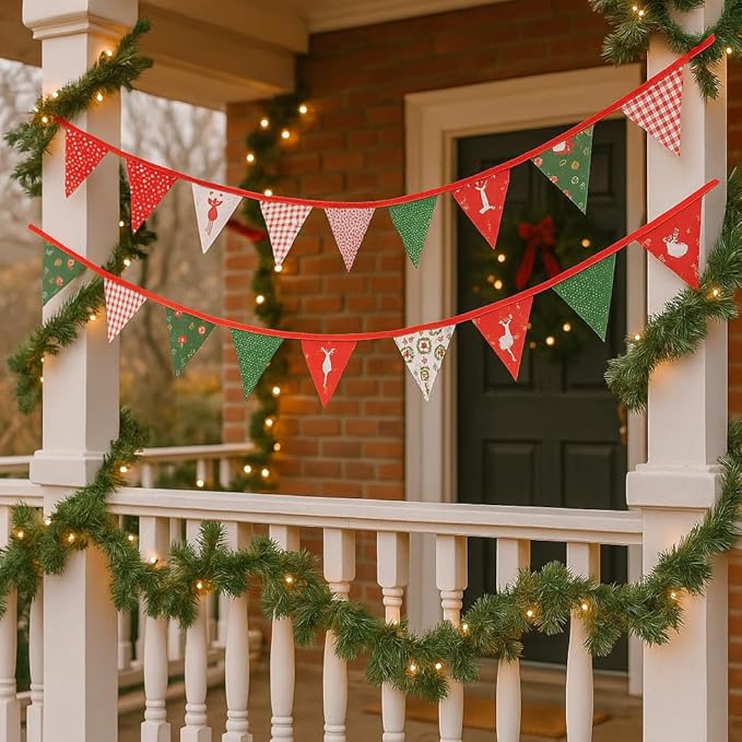 GCQQ Christmas Pennant Banner 40FT Cotton Fabric Xmas Banner 42Pcs Red Green Merry Christmas Party Banner 14 Rustic Different Floral Bunting Garlands for Home Outdoor Decoration