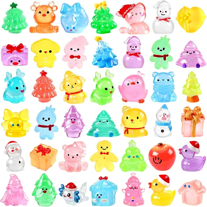 56Pcs Christmas Luminous Mini Figurines 56 Styles Glow in the Dark Tiny Resin Miniatures to Hide Bulk Santa Snowman Bell Snowflake Figurines for Xmas Bag Fillers Party Favors Garden Dollhouse Decor