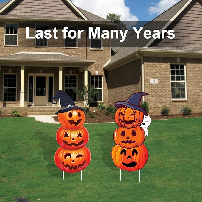 GameXcel 34" Tall Extra Large 3-Tiered Pumpkin Ghost Yard Signs for Outdoor Decorations, 2Pcs Vertical