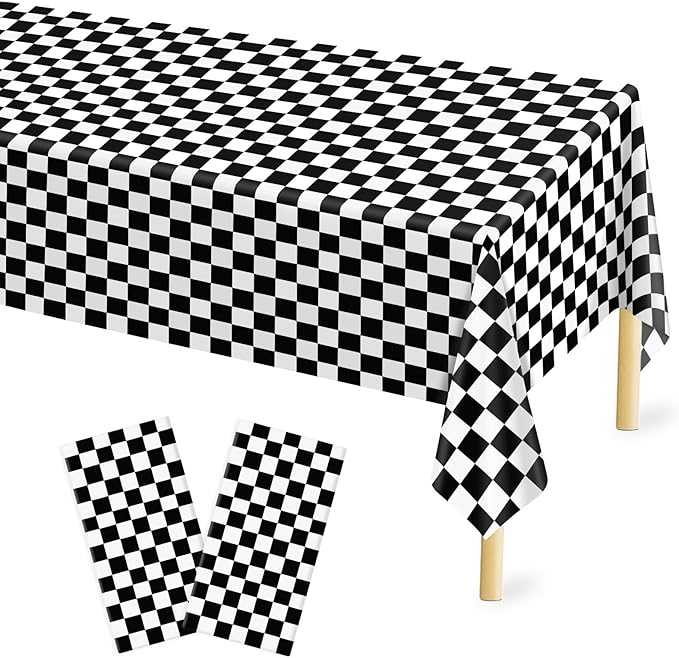 Mulbozy 2 Pcs Checkered Tablecloth Plastic for Birthday Decor, 54 × 108 inches Disposable Black and White Checkered Table Covers for Baby Shower, Race Car Birthday Party Decorations