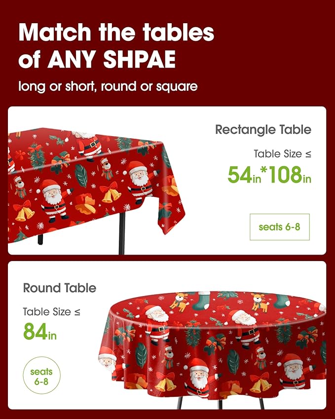 Pureegg Plastic Table Cloth Disposable 6 Pack, 54 x 108 Inch Table Cloths, Christmas Decorations, Xmas Decor, Party Tablecloths, Rectangle, Holiday Plastic Cover, Waterproof, Christmas Red