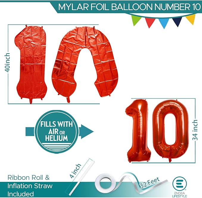 40 Inch Large Red Number Celebration and Decoration Balloon for Birthday Parties, Graduations, Anniversaries, Weddings, Photo Shoots, Special Events - Helium Foil Mylar (Red Number 10)