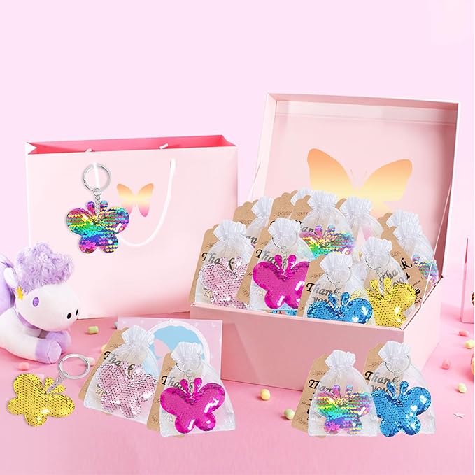 CiciBear 25 Pack Butterfy Sequin Keychains for Butterfy Party Favors, Kids and Adults Birthday Gift, Baby Shower, Party, 5 Colors