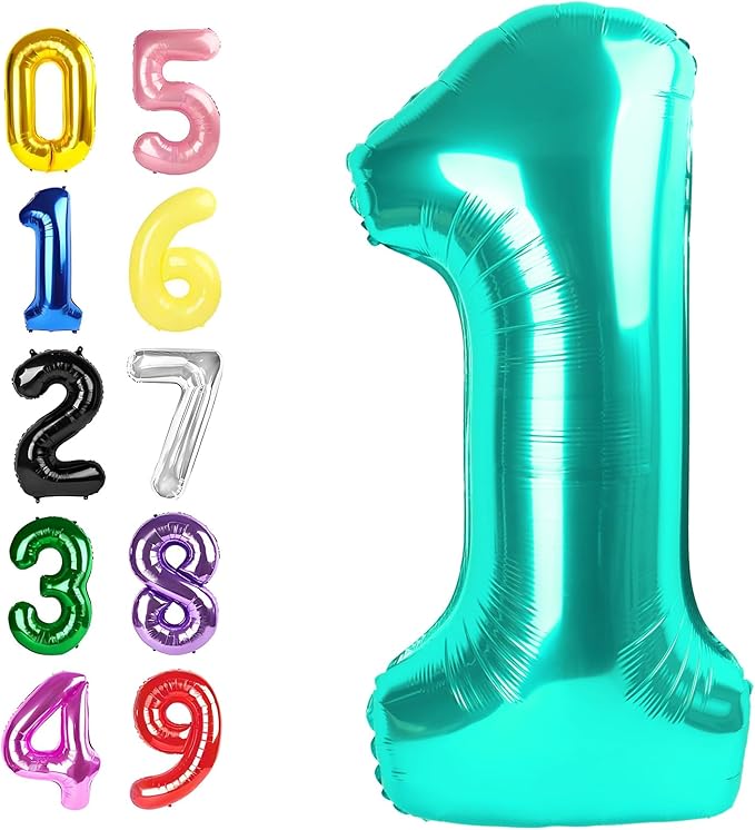 1 Balloon Number, 40 Inch Blue-Green Balloons for Birthday Party Decoration, Foil Number Ballon for 1, 10, 11, 12, 13, 21, 100 Celebration, Boy and Girl Birthday, Baby Shower, Anniversary Decor