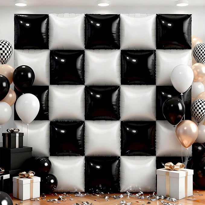 36Pcs Black and White Square Foil Balloons Wall Backdrop, Double Sided Metallic Foil Balloons Tunnel Arch Garland Kit for Photo Booth Birthday Wedding Halloween Christmas Party Decorations