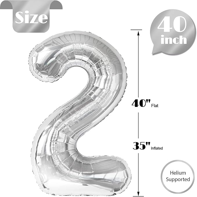 Silver Number 2 Balloon 40 Inch, 2 Balloon Number, 2nd Birthday Decorations for Baby Girls Boys Toddlers