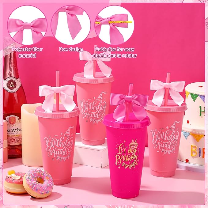 12 Pcs Birthday Party Tumblers, 24 oz Reusable Plastic Cups with Lids and Straws and Bows for Birthday Decorations Party Favor Pink