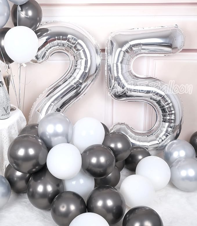 AULE 40 Inch Large 25 Number Balloons Silver, Big Foil Number Balloons, Giant Helium Happy 25th Birthday Party Decorations for Man and Women, Huge Mylar Anniversary Party Supplies