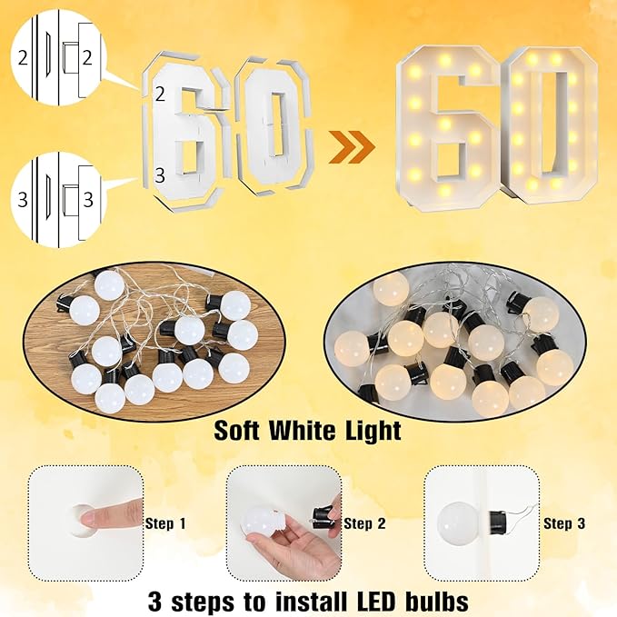 4ft Light Up Numbers 60 Numbers with Lights Bulbs White Slot-in Marquee Frame for Men Women 60th Birthday Party Decorations Pre-Cut Mosaic Cardboard Large Cut-Out Thick Foam Board Sign Anniversary