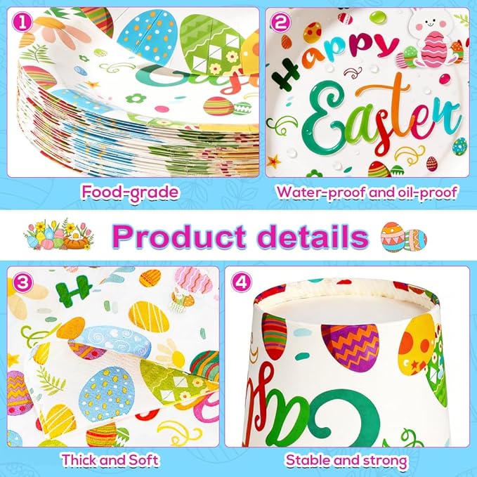 200PCS Easter Paper Plates and Napkins Set, Bunny & Egg Theme, 9" Dinner Plates, 7" Dessert Plates, 9oz Cups and Napkins, Heavy Duty Disposable Tableware for Easter Party Supplies, Serves 50