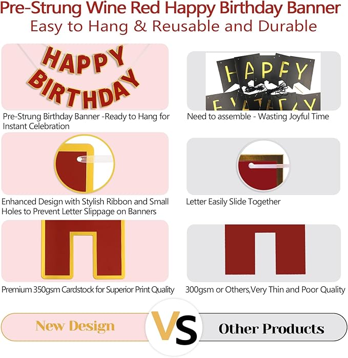 Happy Birthday Banner - 9ft Pre-Strung Happy Birthday Sign for Women, Men, Girls, Boys - No DIY Birthday Decorations & Party Supplies(Wine Red)