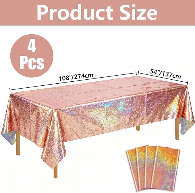 4Pcs Rose Gold Holographic Tablecloths Rectangular Pink Iridescent Tablecloth Shimmer Metallic Table Covers for Girls Women Rose Gold Birthday Decorations, 54 x 108Inch