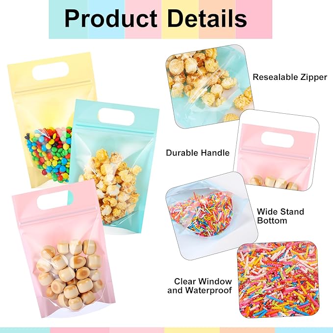 120 Pcs Plastic Gift Bag Bulk Resealable Party Goodie Bag with Clear Window Color Favor Pouch with Handle for Home Birthday Wedding Party Candy Gift Wrap Supplies(Pastel,5.5 x 8.7 Inch)