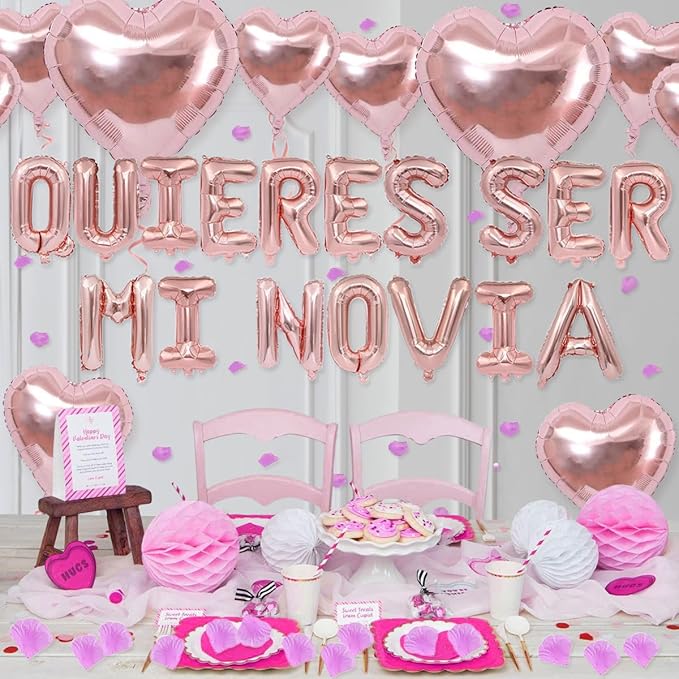 2 Set 16 Inch QUIERES SER MI NOVIA Balloons, Rose Gold Will You Be My Girlfriend Letter Balloons Spanish with 200pcs Artificial Rose Petals for Valentines Anniversary Day Banner Decorations