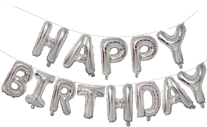KALOR Silver Happy Birthday Balloons Banner, 16 Inch Mylar Foil Letters Balloon Sign for Birthday Party Decorations Photo Booth Backdrop