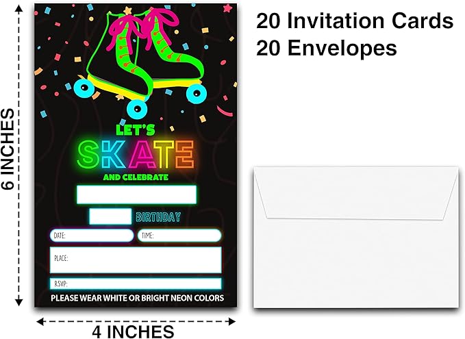 DETIHO 4" x 6" Glow Roller Skating Birthday Party Invitation Cards With Envelopes - Let's Skate and Celebrate - NEON Glow in the Dark Skate Party Invitation - 20 Sets - E13