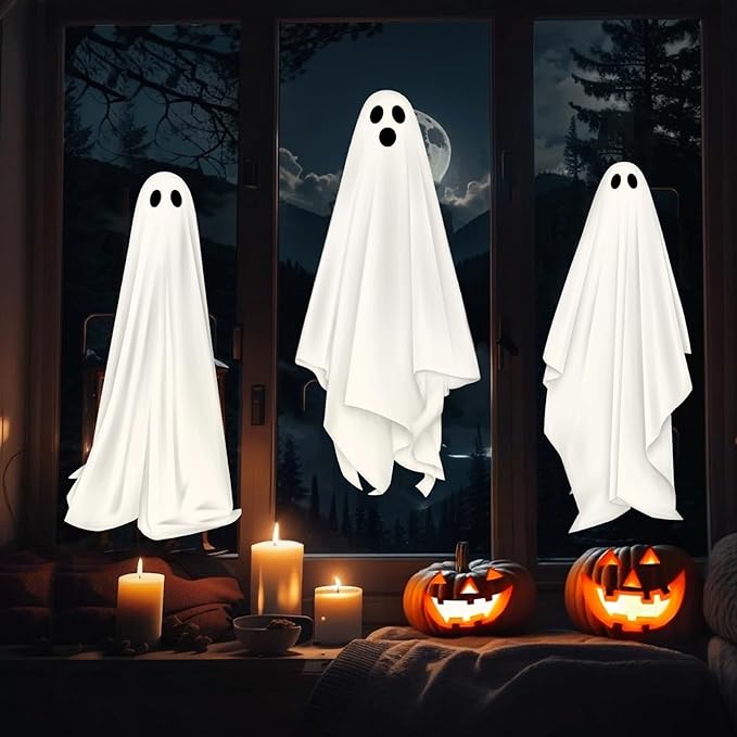 Halloween Decorations Window Clings Decor, 3 Pcs Large White Ghost Decal for Mirror Silhouette Halloween Window Decals Indoor, School Home Office Party Supplies for Glass Windows, 3 Sheets