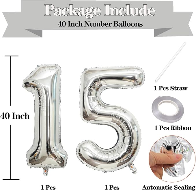 Large Silver 15 Number Balloons, 40 Inch Jumbo Number 15 Balloon, Silver Foil Mylar Balloons for Girl Sweet 15th/51th Birthday Party, Anniversary Decorations