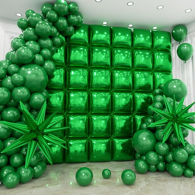 50pcs Green Square Foil Balloons Wall Backdrop with 79pcs Green Balloon Garland Arch Kit, Double Sided Balloon Tunnel for Birthday Anniversary Valentine's Day Baby Shower Summer Decorations
