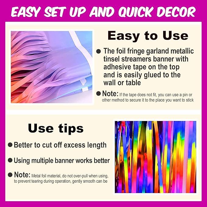 3 Pack 10 Ft Rainbow Foil Fringe Garland Metallic Streamers Tinsel Banner Wall Hanging Garland Backdrop for Parade Floats, Halloween, Christmas, Thanksgiving, New Year Party Decorations