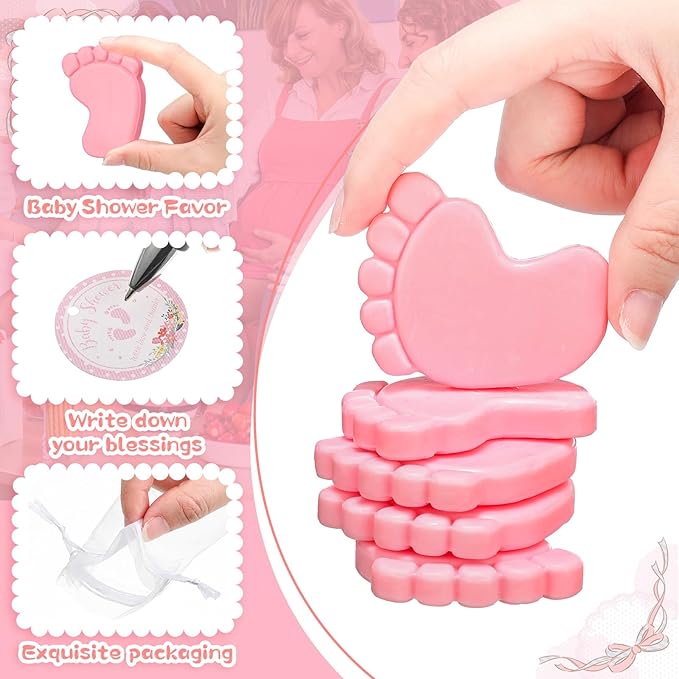 50 Sets Baby Shower Soap Favors for Guests Boy Girl Mini Handmade Scented Soaps with Thank You Tags and Organza Bags for Gender Reveal Baptism Shower Wedding Party(Pink)