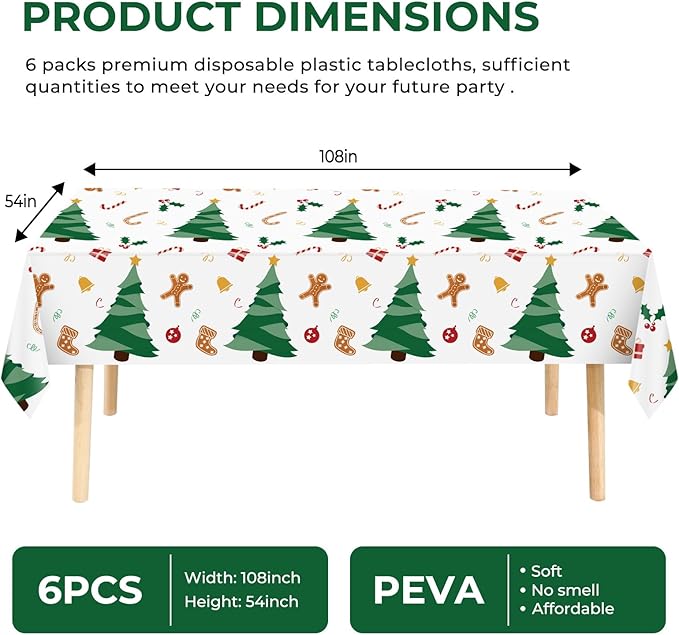 6 Pack Christmas Tree Tablecloth Disposable Plastic Tablecloth Table Cover for Christmas Party Decoration Supplies 54 x 108 Inches (Christmas Tree)