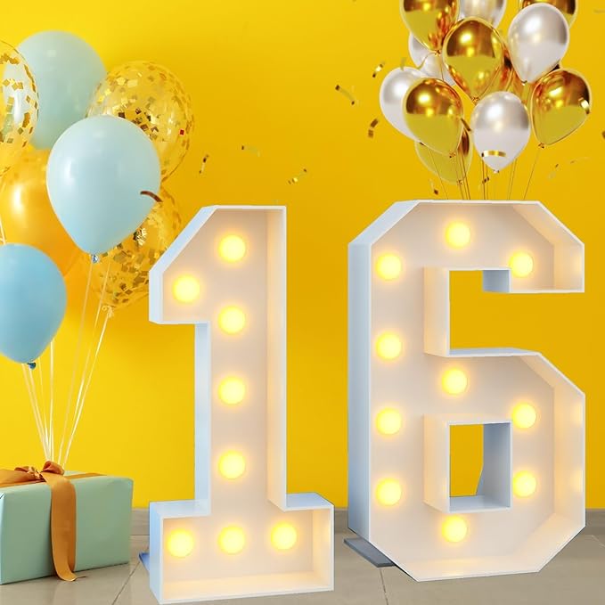 4ft Light Up Numbers Marquee 16 Numbers with Lights White Slots-in Frame for Men Women 16th Birthday Party Decorations Pre-Cut Mosaic Cardboard Large Cut-Out Thick Foam Board Sign Anniversary