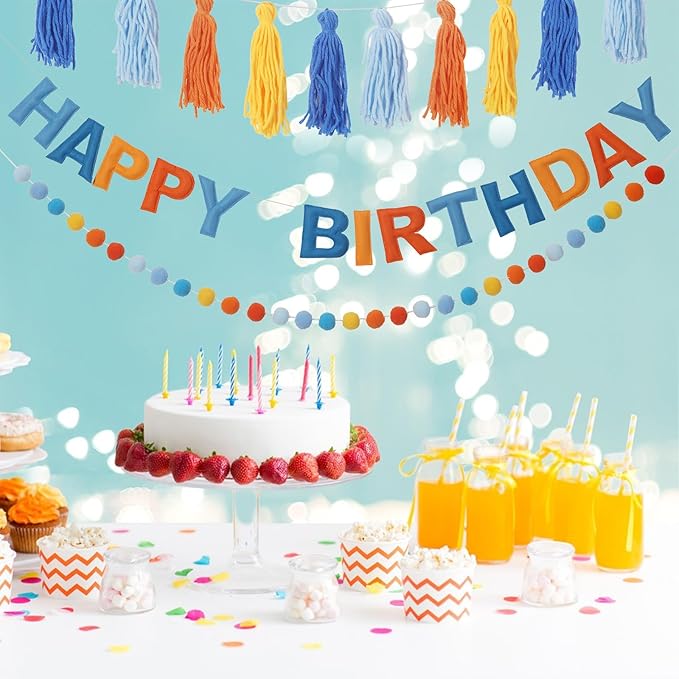 Pre-Strung Happy Birthday Banner Blue and Orange Party Decorations Felt Ball Garland Sign for Blue Dog Birthday Party Décor