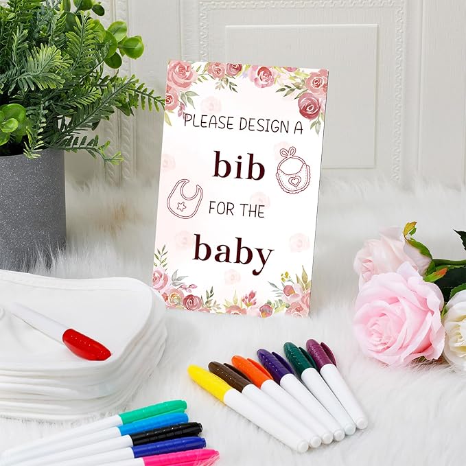 Panitay 43 Pcs Baby Shower Games White Bibs Design, Include Wooden Baby Shower Game Sign, 30 DIY Blank White Bibs, 12 Markers for Gender Reveal Party Decorating Supplies(Flower)