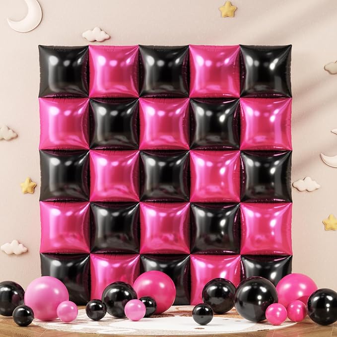 152Pcs Pink and Black Foil Square Balloon Wall Backdrop with Hot Pink Black Latex Balloons Arch Garland Kit, Double Sided Balloon Tunnel for Birthday Bridal Shower Baby Shower Anniversary Decorations
