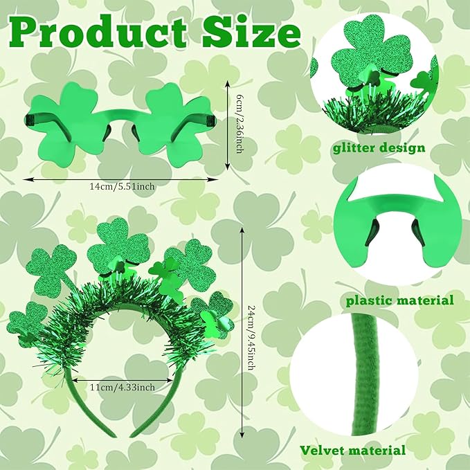 Semato St. Patrick’s Day Headband with Green Clover Sunglasses for St. Patrick’s Day Accessories Shamrock Irish Carnival Party Favors