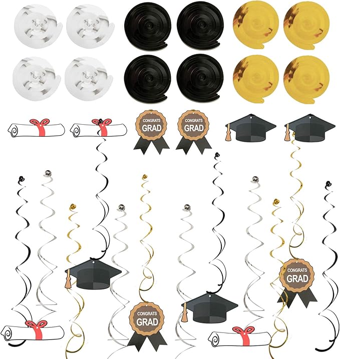 ZERODECO Graduation Decorations, Black and Gold Congrats Grad Banner Paper Pompoms Hanging Swirls Graduation Confetti Paper Garland Party Balloons for Grad Party Decoration Supplies