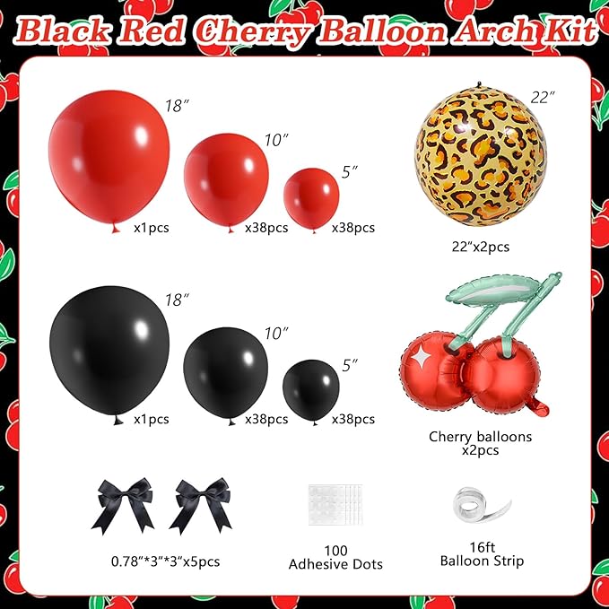 JOGAMS Betty Party Decorations,169Pcs Leopard Cheetah Print Party Decorations,Red Black Cherry Balloon Arch Kit with Ribbon Cherry Cheetah Balloons for Birthday Bachelorette Baby Shower Retro Party