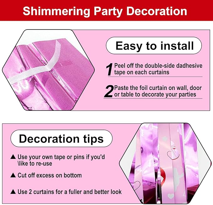 4 Pack Love Pink Wave Foil Fringe Curtain Backdrop, 3.28Ft x 8.2Ft Metallic Tinsel Foil Fringe Streamer Curtains for Photo Booth, Mother's Day, Easter, Birthday, Wedding Party Decoration