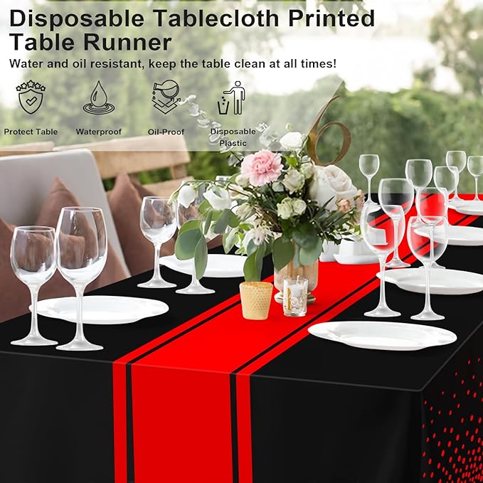 2 Pack Black and Red Tablecloth Party Decorations Plastic Black Tablecloth Printed Red Table Runner 54 x108 Inch Disposable Rectangle Table Cover for Birthday Wedding Graduation Anniversary