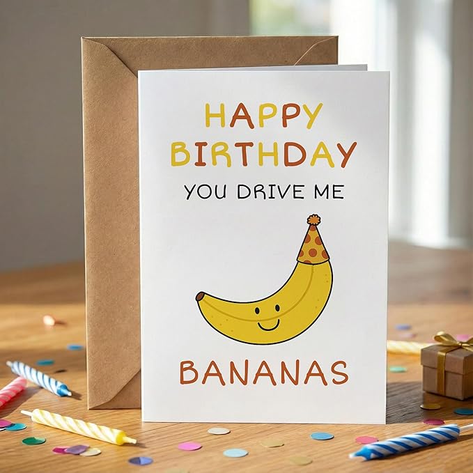 KINGNAME Funny Banana Pun Birthday Card, Cute Fruit Cartoon Card for Him Her, You Drive Me Bananas Love Greeting Card