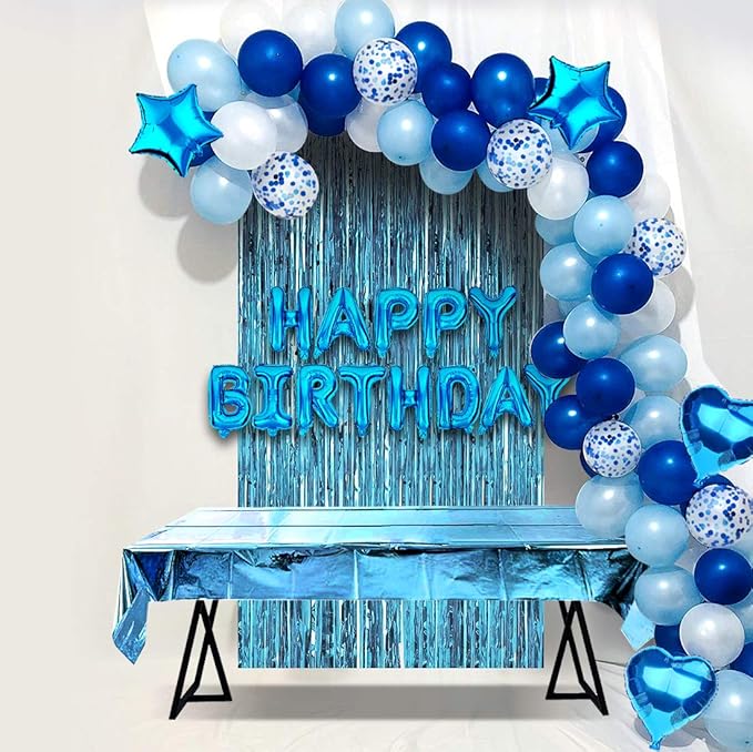 MOVINPE Blue Birthday Party Decoration, Happy Birthday Banner, Sky-Blue Fringe Curtain, Foil Tablecloth, Heart Star Foil Confetti Balloons, 10g Table Confetti for Girl Boy Kids Men Women Adults