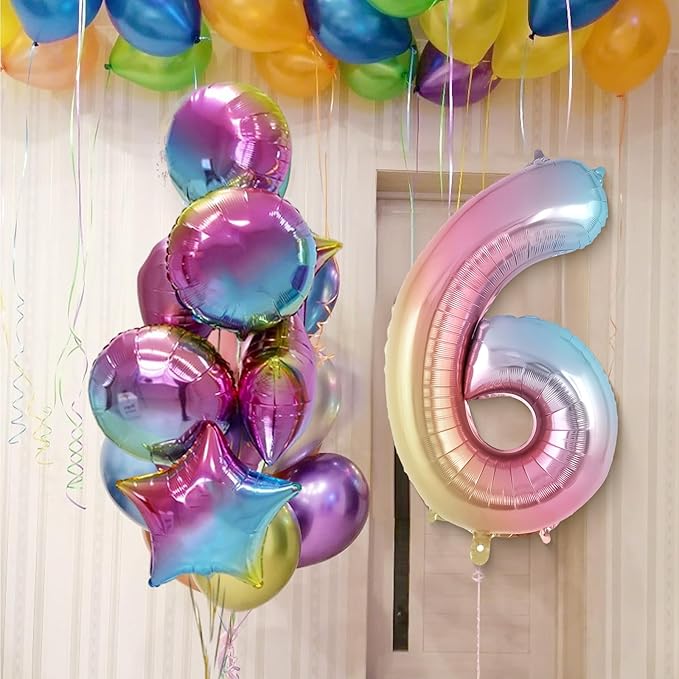 Rainbow Gradient Number 6 Balloon, 40 Inch Big Large Foil Number Balloons, Jumbo Mylar Number 6 Balloons for 6 Year Old Birthday Party Decorations Supplies Anniversary Celebration