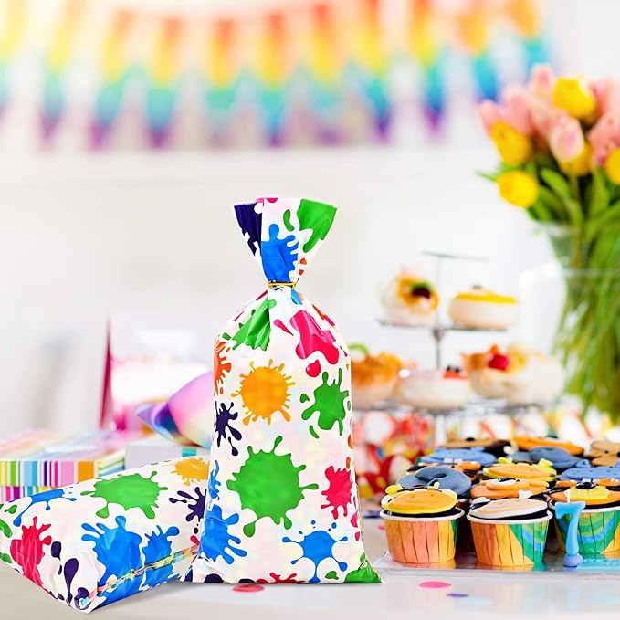 Lecpeting 100 Pcs Artist Paint Treat Bags Colorful Paint Splatter Print Cellophane Candy Bags Art Painting Party Favor with Twist Ties for Artist Painting Theme Birthday Party Supplies