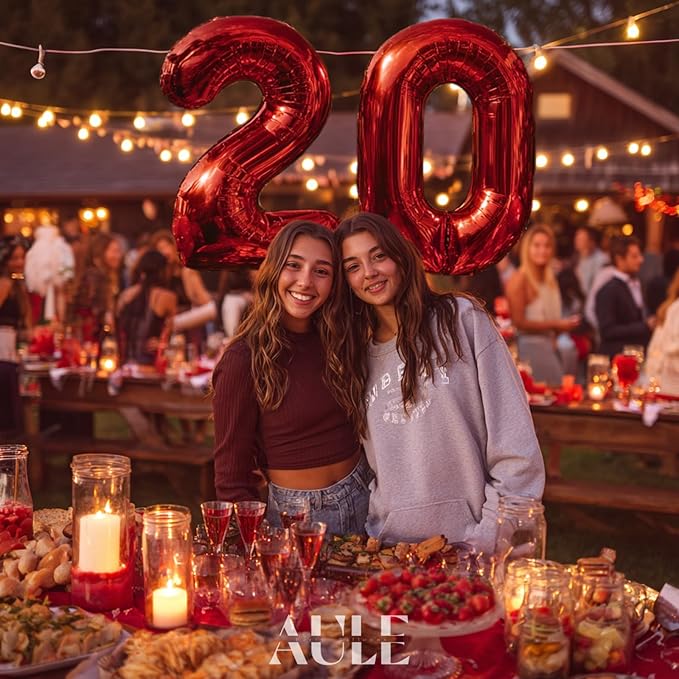 AULE 40 Inch Big Red Foil 20 Number Balloons for Women Large 20th Happy Birthday Decorations Giant Huge Helium Mylar Anniversary Party Décor